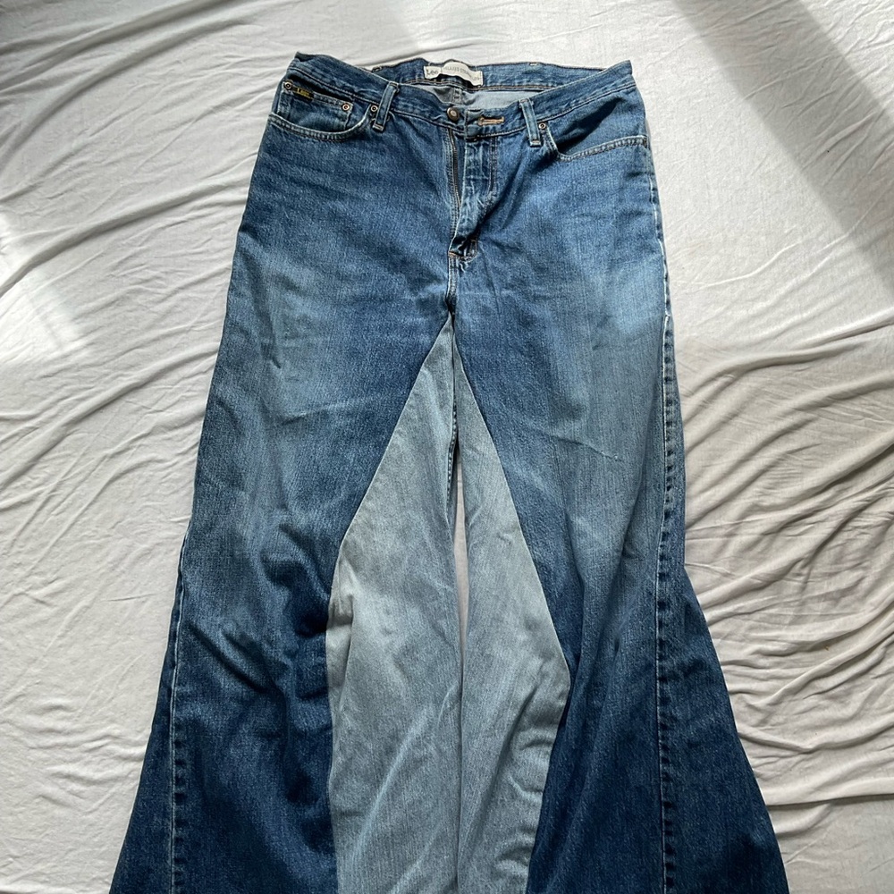 Blue Flare Wide Leg Jeans with Natural Fading
